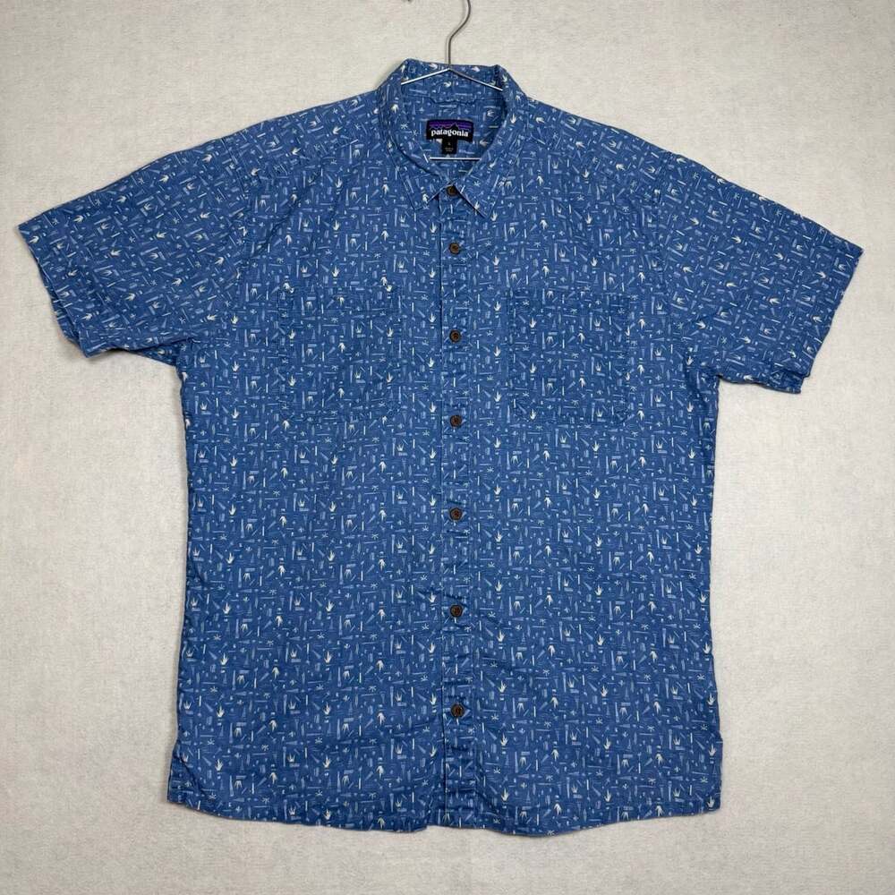 Patagonia Shirt Mens L Blue Back Step Hemp Blend Short Sleeve Button Up